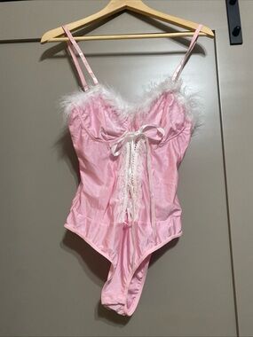 Pink Feather-Trim Satin Teddy Bodysuit with Lace-Up Front
